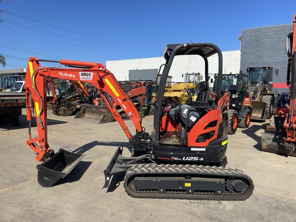 Kubota 2.5 tonne excavator (U25-3) sitting in the RAM Equipment hire yard